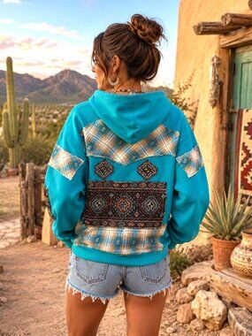 Upcycled Patchwork Jacket, Teal Tribal Zip-Up Hoodie Southwest Aztec Size L